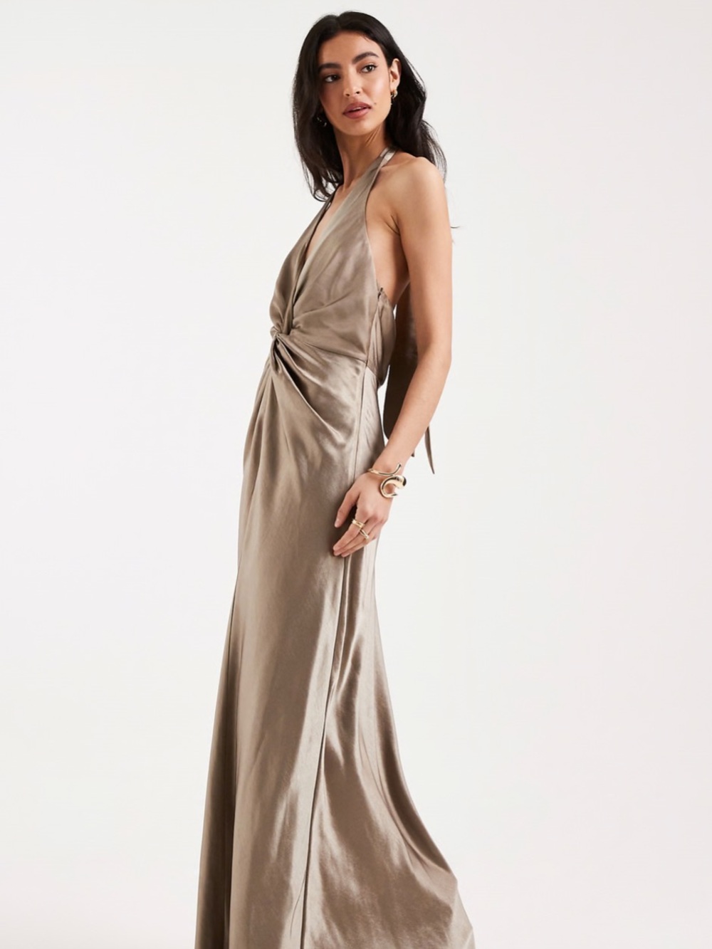 Six Stories Bridesmaids satin plunge knot detail open back maxi dress in mocha